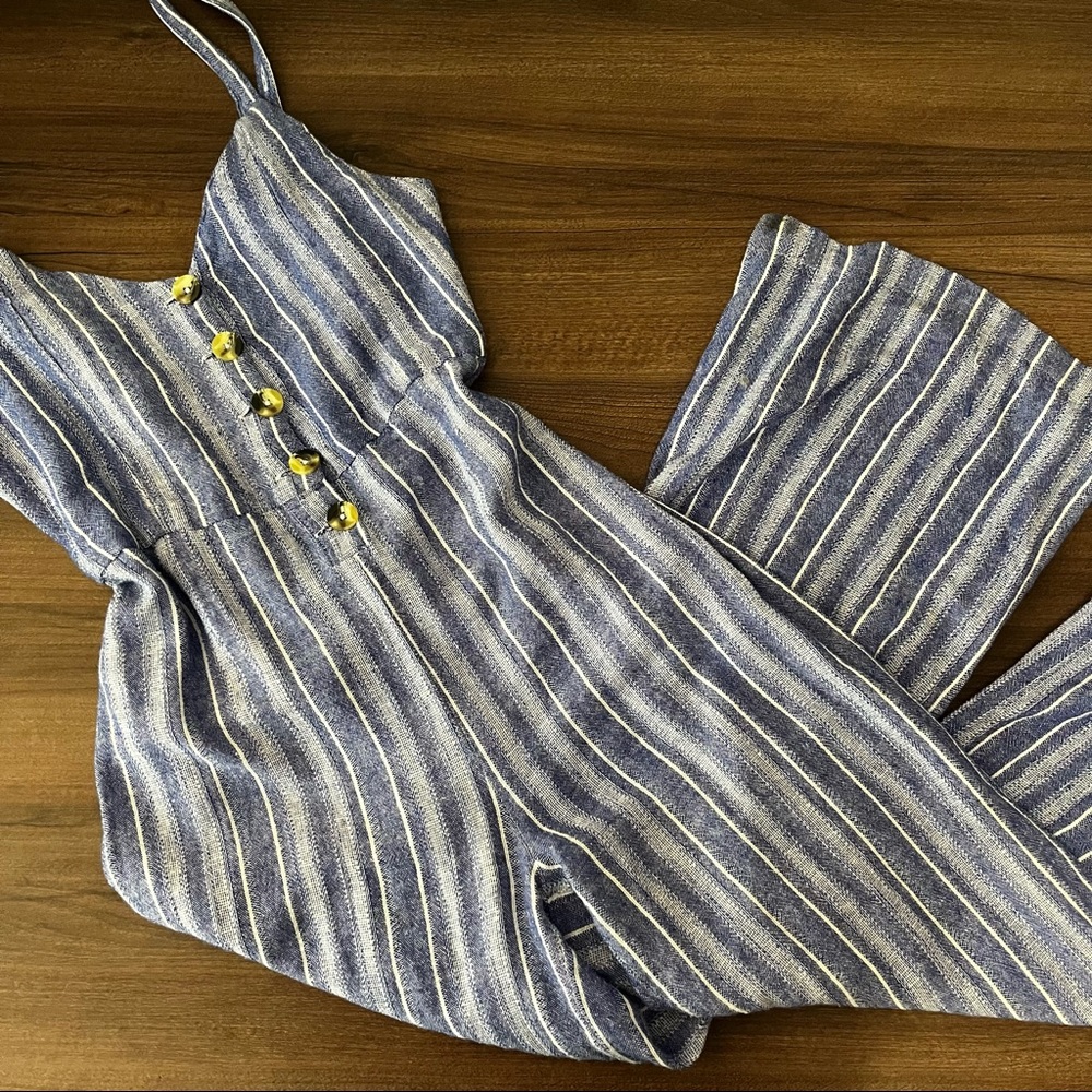Blue Boho Striped Linen Jumpsuit - Picture 5 of 13